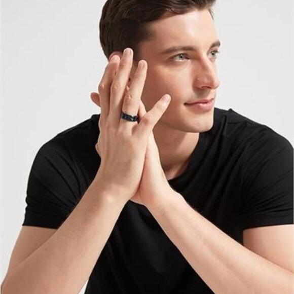 7, TIGRADE Titanium Ring 8mm Blue Centre Groove Wedding Band Comfort Fit Matte - Picture 2 of 2